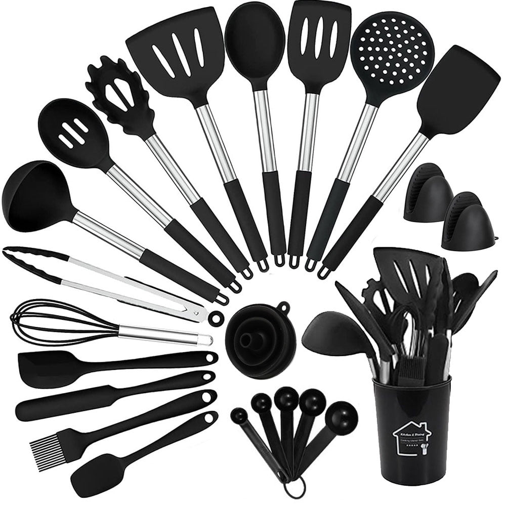 17Pcs Silicone Cooking Utensil Set, Kitchen Utensils Cooking Utensils Set, Food Grade Silicone Spatula Set, Non-stick Heat Resistant Silicone Cookware with Strong Stainless Steel Handle