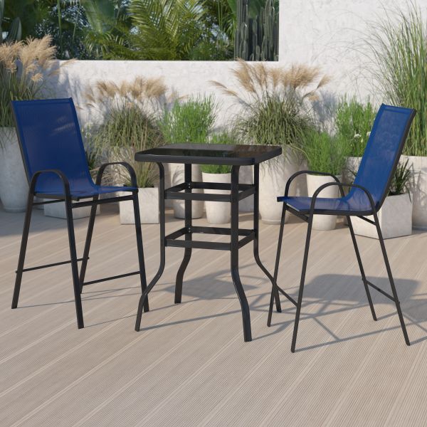 Brazos Outdoor Dining Set - 2-Person Bistro Set - Brazos Outdoor Glass Bar Table with Navy All-Weather Patio Stools