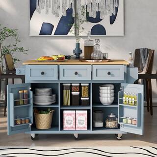 Zeus  Ruta Blue Rubber wood 53 in. Kitchen Island Drop-Leaf Countertop Cabinet door internal storage racks 5-Wheels 3-Drawers XIN-UTPEZB2