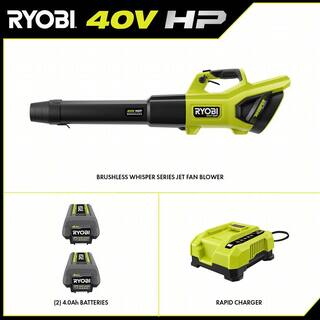 RYOBI 40V HP Brushless Whisper Series 190 MPH 730 CFM Cordless Battery Jet Fan Leaf Blower with (2) 4.0 Ah Batteries  Charger RY404100