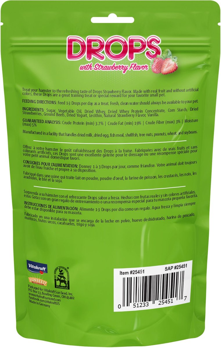 Vitakraft Drops Strawberry and Yogurt Hamster Treats， 5.3-oz bag