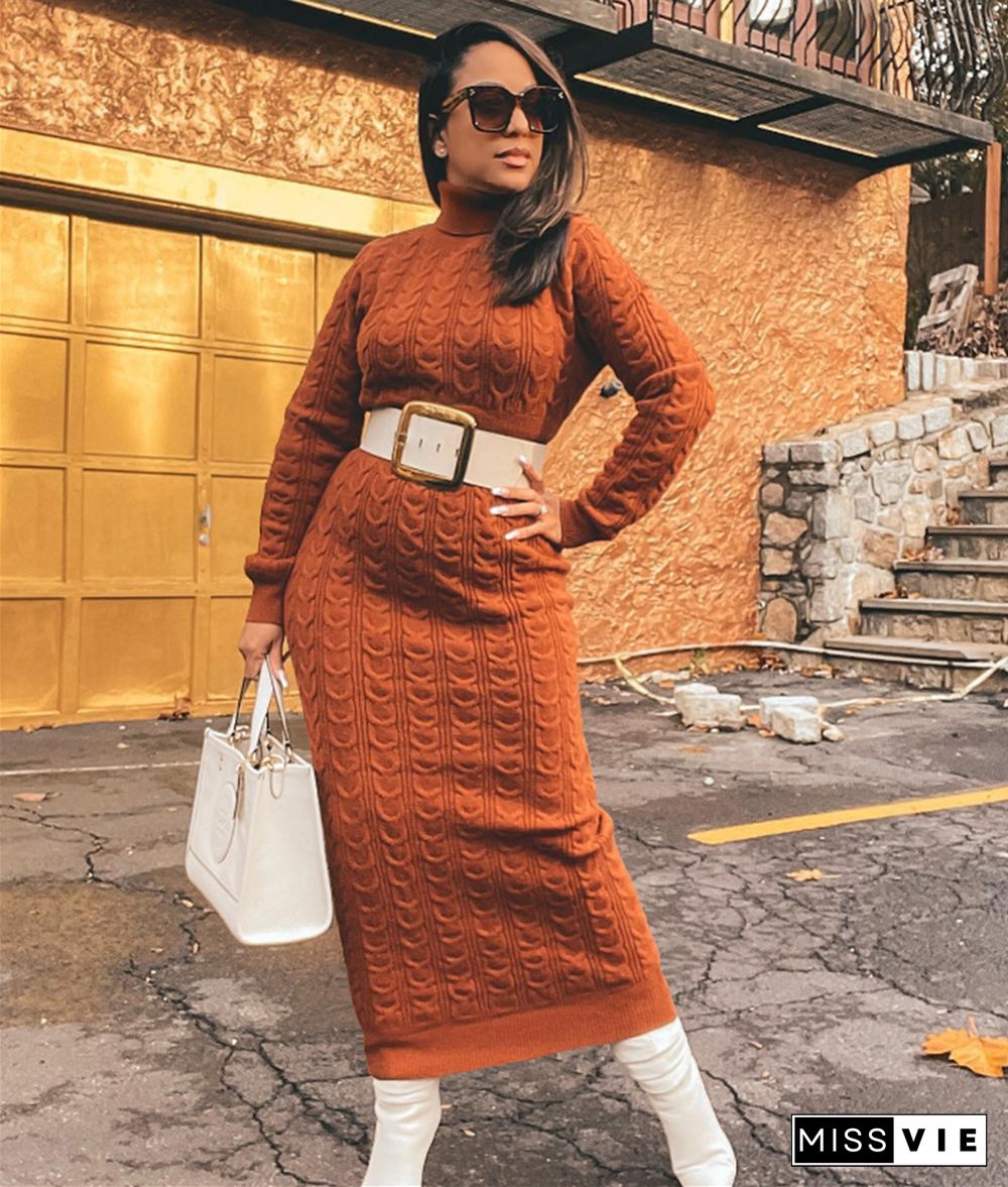 Turtleneck Long Sleeve Twist Knitted Sweater Dress