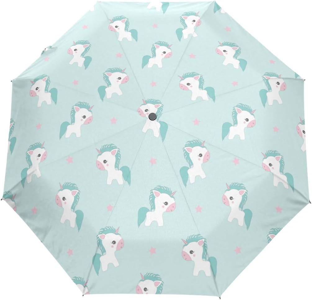 Travel Umbrella Automatic Windproof Foldable Umbrella Unicorns On Light Blue