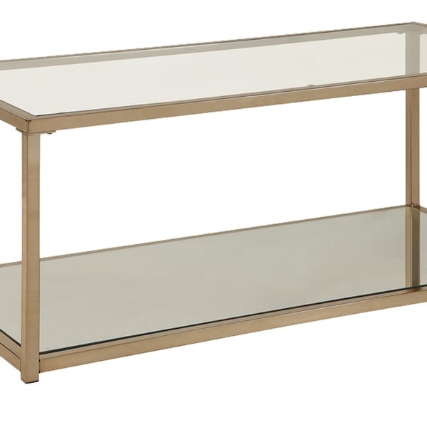 Glass Top Coffee Table with Metal Frame and Open Shelf， Brass