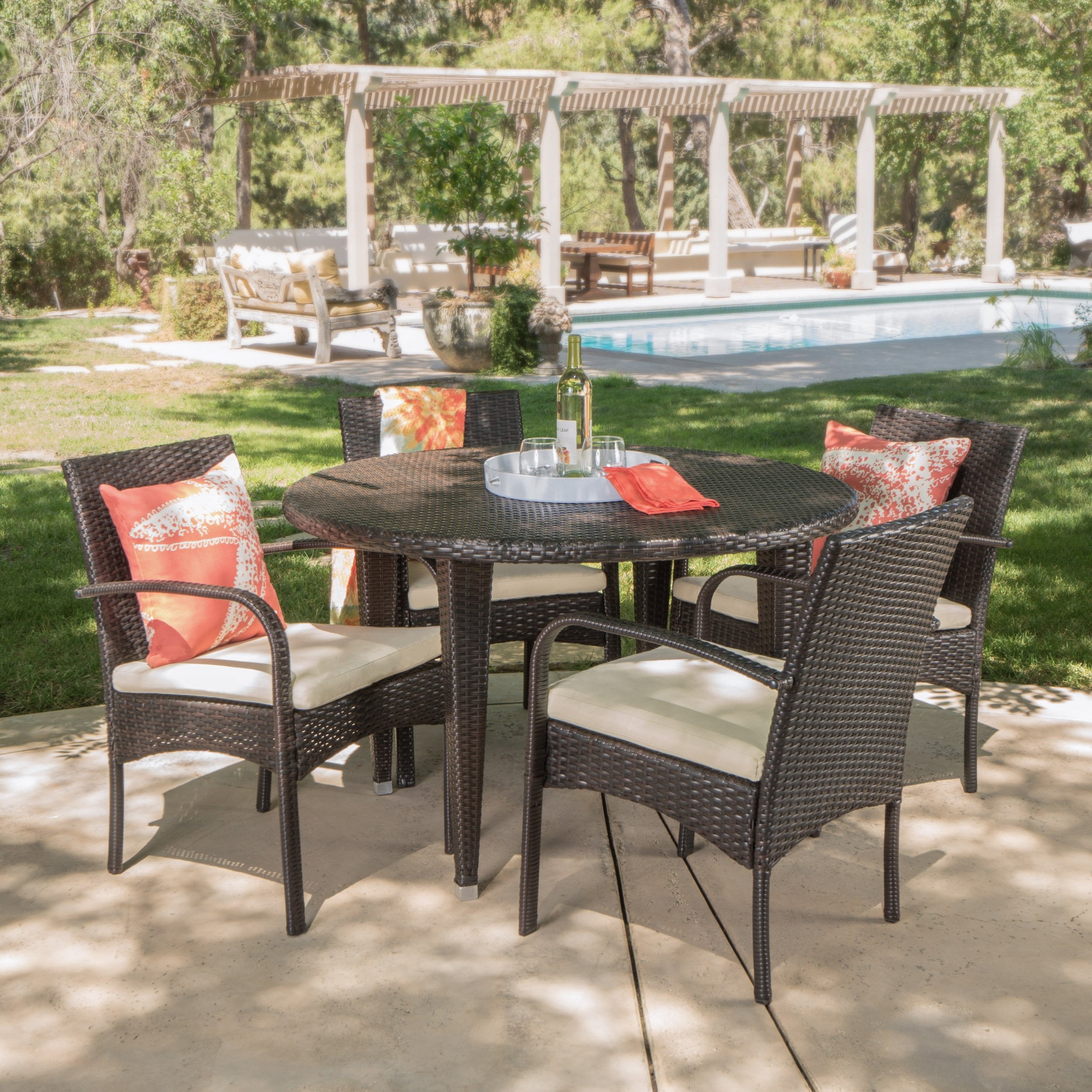 Portia Outdoor 5 Pc Wicker Round Dining Set w/ Water Resistant Cushions