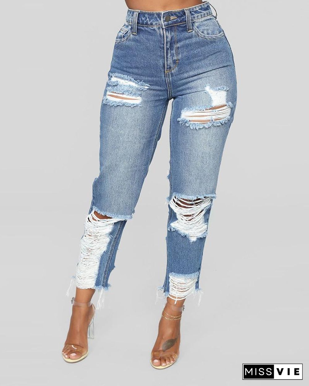 Fringe Hem Ladder Cutout High Waist Jeans P12078