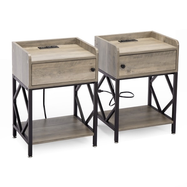 Farmhouse Wood Nightstand with Charging Station， USB Ports， and Shelf， Adjustable Foot Pads Set of 2