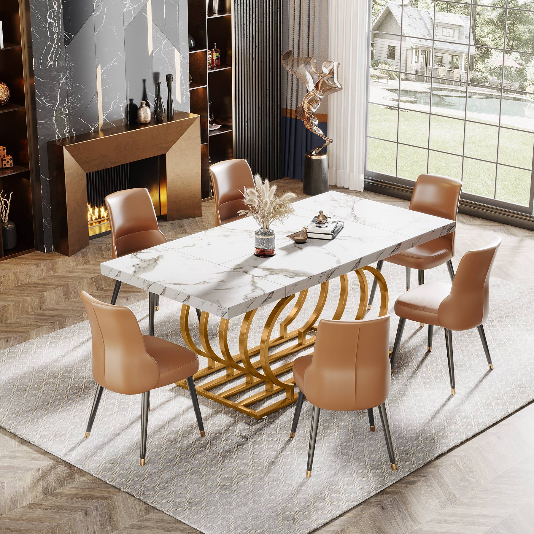 Faux Marble Dining Table, Wood Kitchen Table with Geometric Frame