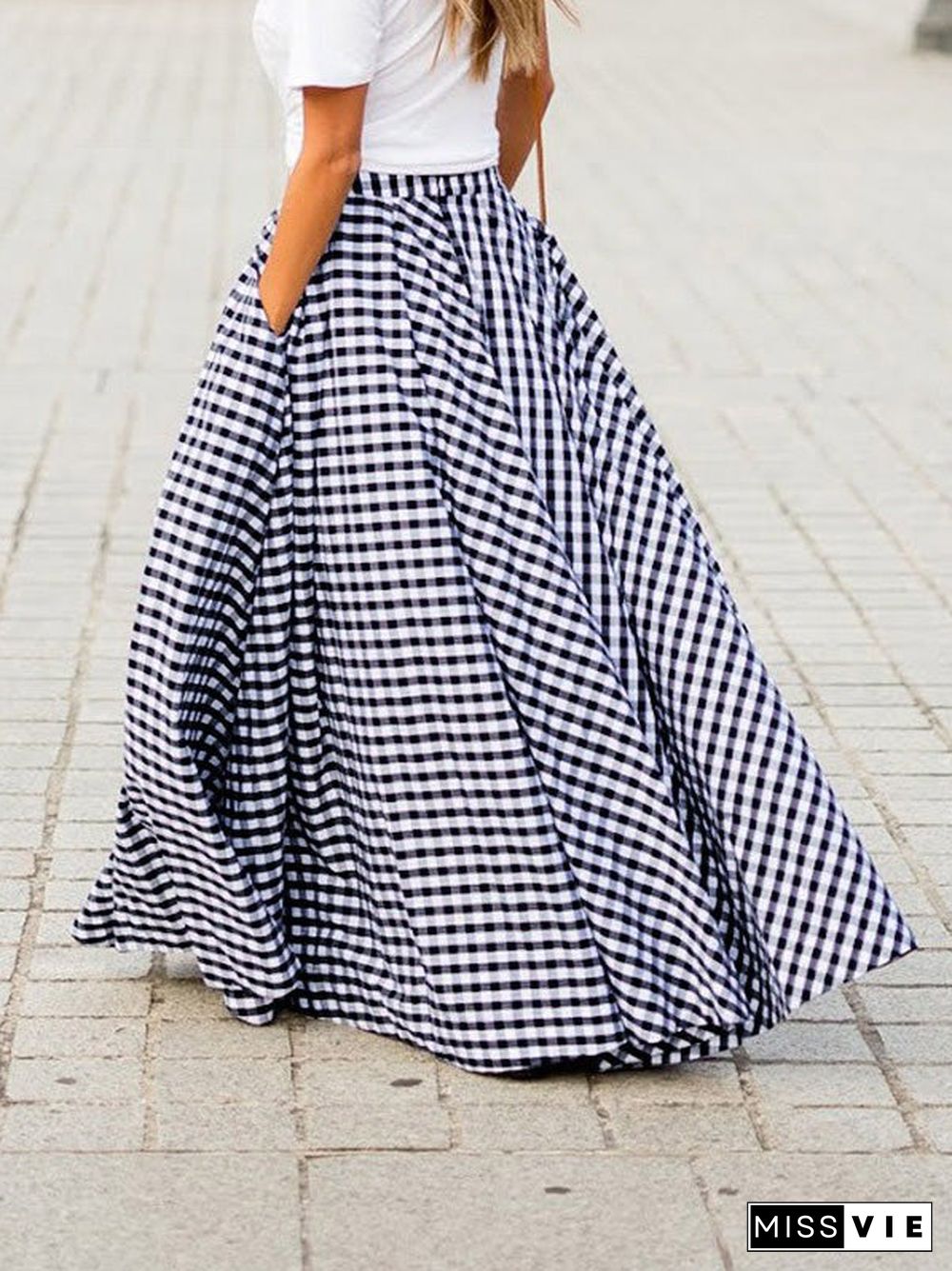 Women'S Skirts High Waist Check Print Pocket Skirt