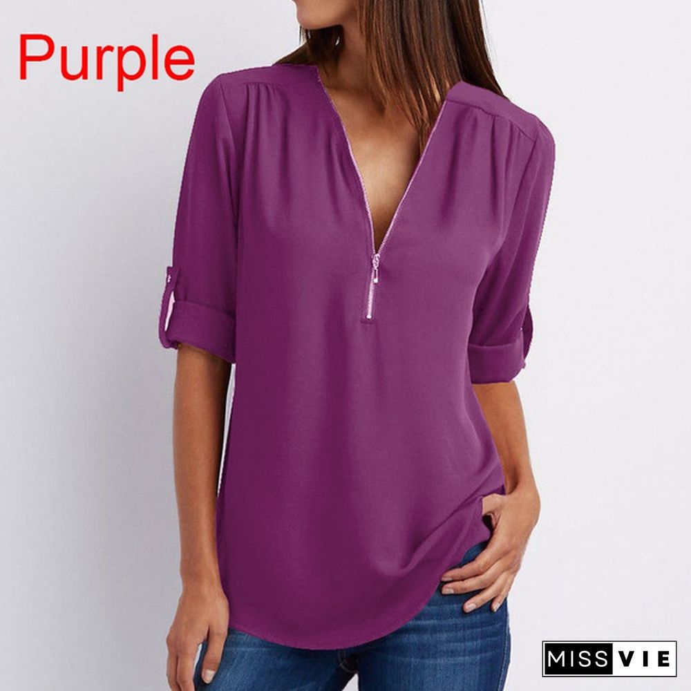 Plus Size Women's Fashion Chiffon Shirt V-neck Long Sleeve Loose Tops Zipper T-Shirt( S-4XL)