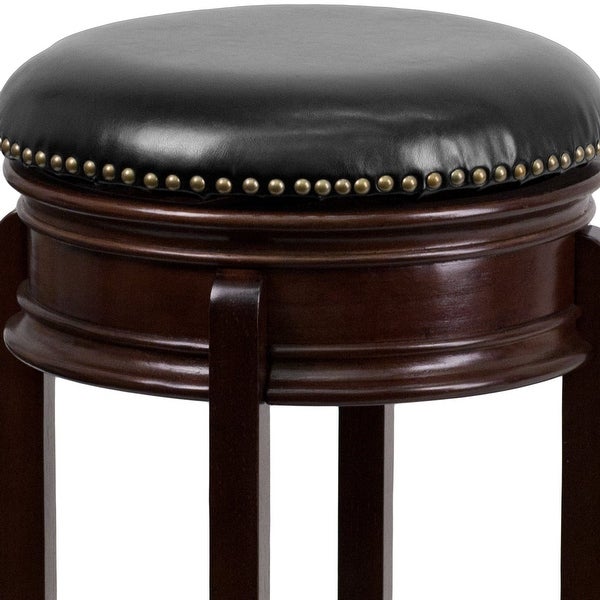 Carol 29'' High Backless Cappuccino Wood Barstool with Carved Apron and Black LeatherSoft Swivel Seat