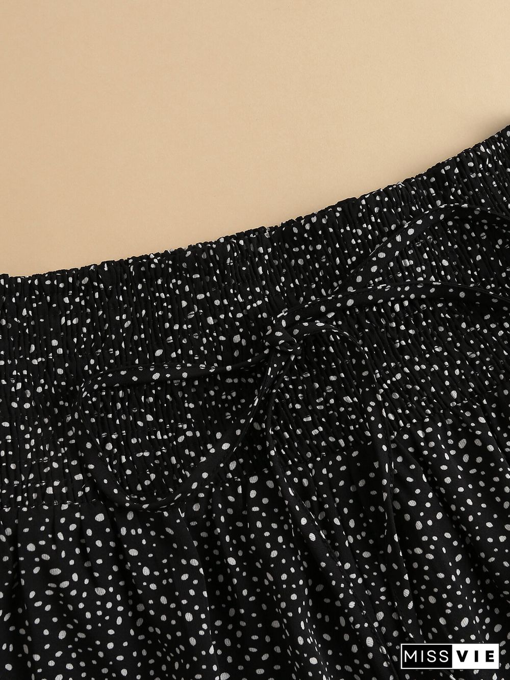 Polka Dot Shirred Drawstring Waist Shorts