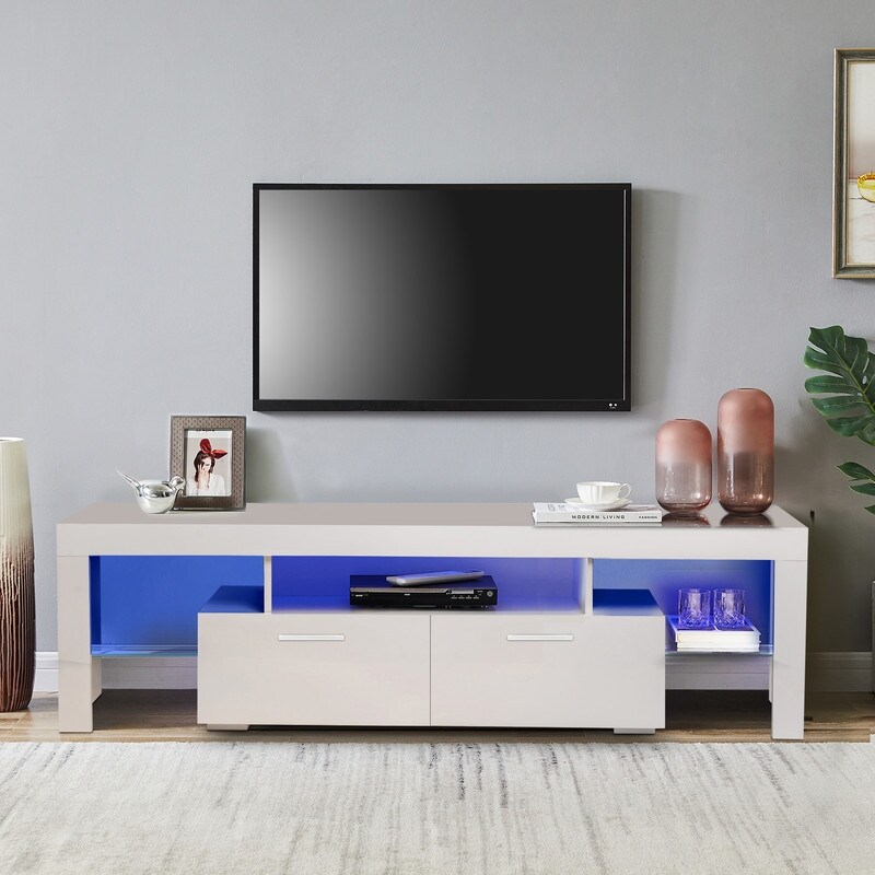 61 inandUp Morden High Glossy RGB LED TV Stand with 2 Drawerand2 Glass Shelf TV Cabinet Entertainment Center