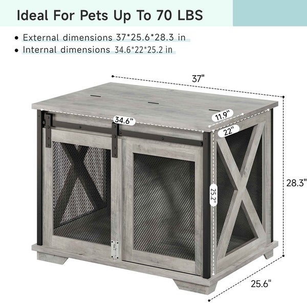 37'' Sliding Barn Door Dog Crate Furniture with Flip Top and Movable Divider， Wooden Dog Crate Table