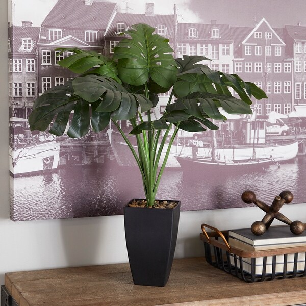 Green Faux Foliage Monstera Artificial Plant with Realistic Leaves and Black Tapered Pot