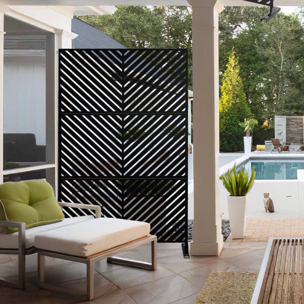 FENCY 76 in. H x 47.2 in. W Galvanized Metal Outdoor Privacy Screens Garden Fence Parallel Line Pattern in Black HD-DXB-S180120-B-S085