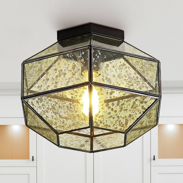 1 light Evelyn Vintage Farmhouse Iron glass Led Flush Mount Oil Rubbed Bronze Jonathan Y