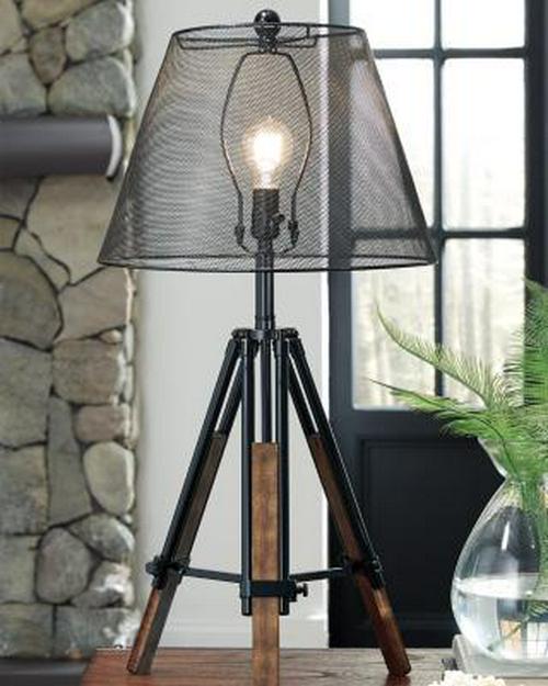 Signature Design by Ashley Leolyn Urban Adjustable Height Tripod Base with Wire Mesh Shade Single Table Lamp， Black and Brown