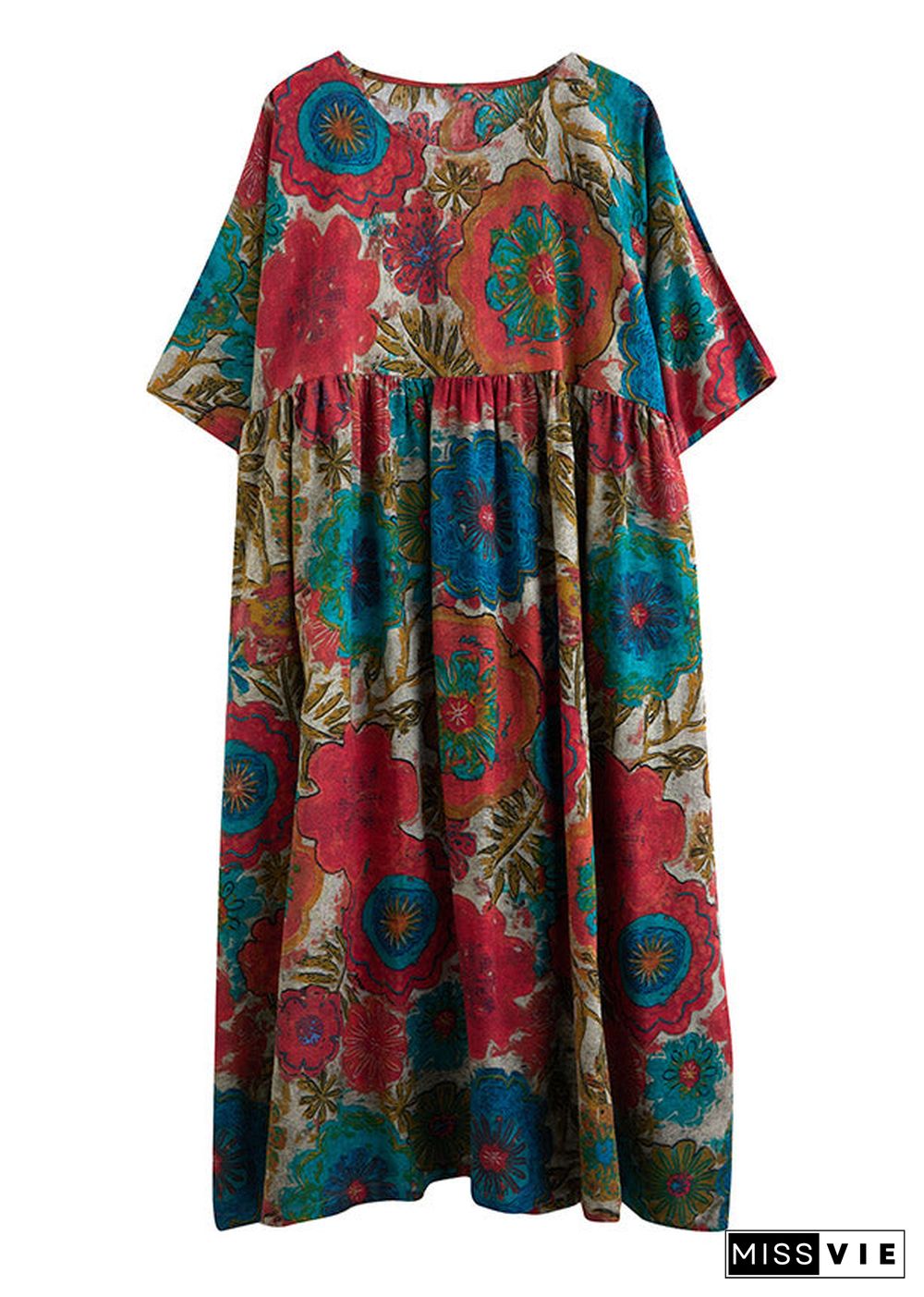 Bohemian Red O-Neck Cinched Print Linen Long Dress Short Sleeve