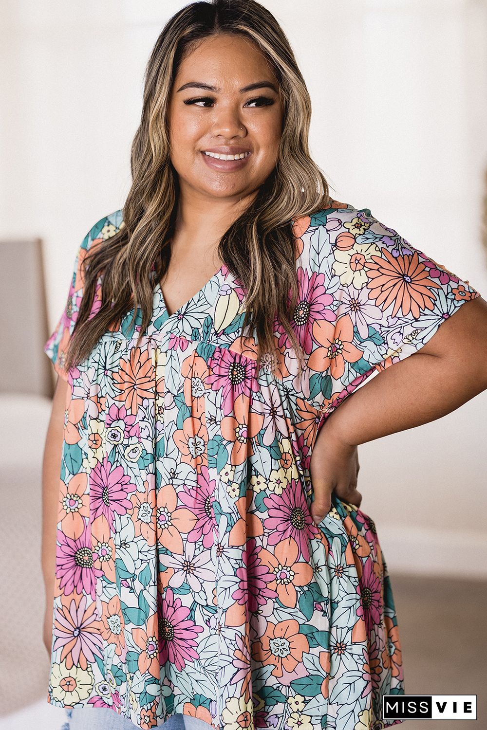 Multicolor Plus Size Summer Floral Print V Neck Blouse