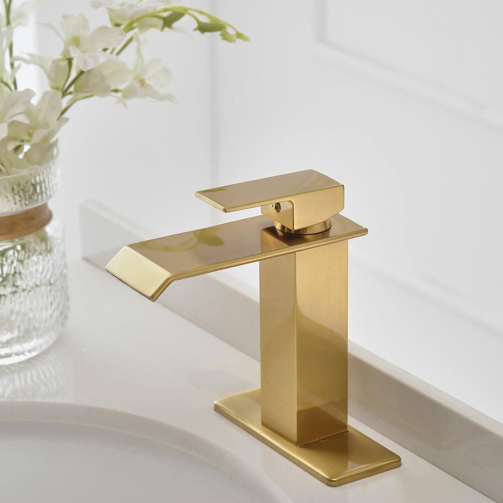 BWE Waterfall Single Hole SingleHandle LowArc Bathroom Faucet With Popup Drain Assembly in Brushed Gold