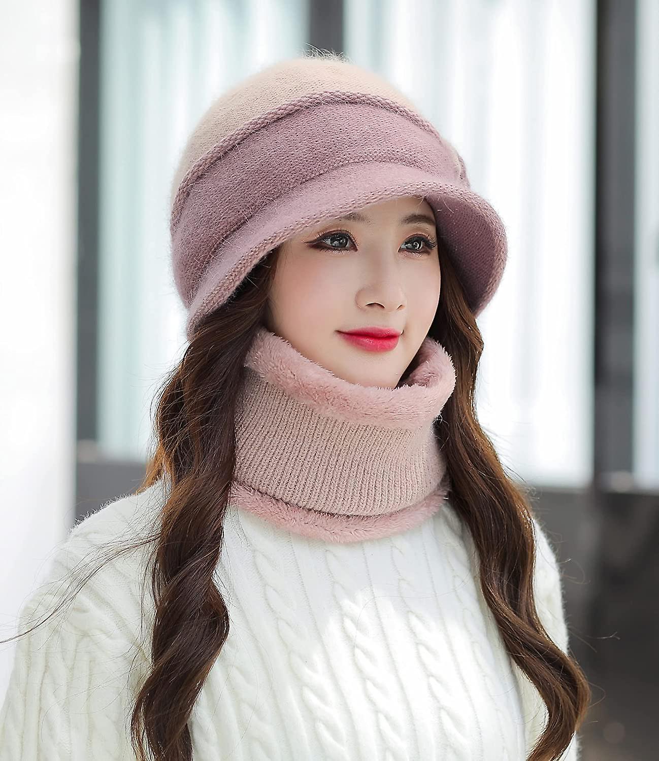 Women Winter Beanie Hat Peruvian Circle Scarf Set Ski Ear Flaps Caps Dual Layered Fleece Lined Pompoms B2-m1335-oufen -