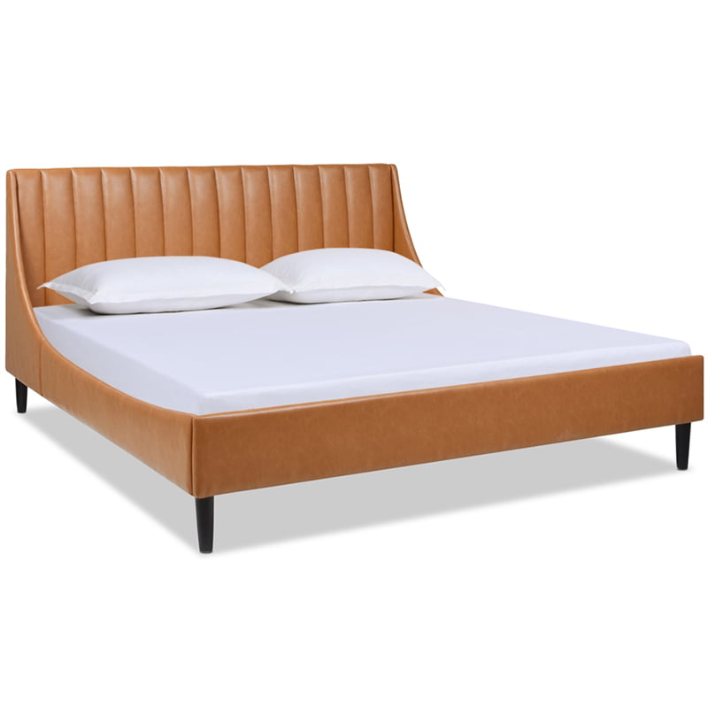 Aspen Vertical Tufted Headboard Platform Bed Set, King, Caramel Tan Brown Faux Leather