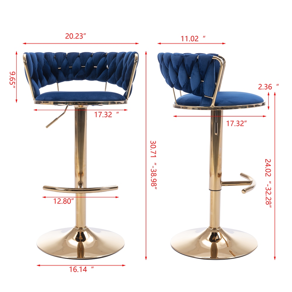 Modern Retro Height Adjustable Counter Chair Swivel Bar Stools Set of 2 with Velvet Woven Backrest Handrail and Footrest