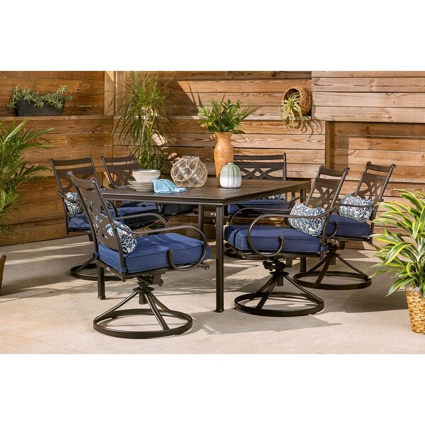 Hanover Montclair 7Piece Dining Set in Navy Blue with 6 Swivel Rockers