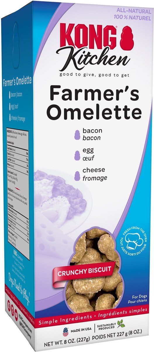 KONG Kitchen Farmers Omelette Grain Free Bacon and Cheese Crunchy Biscuit Dog Treats， 8-oz box