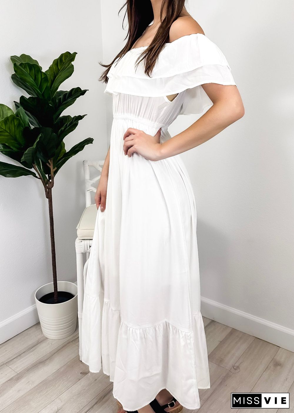 Grecian Ruffle Stretch Maxi Long Dress