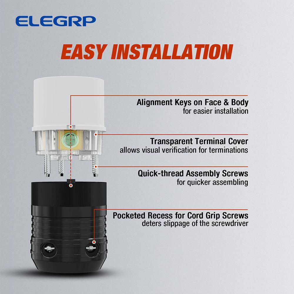 ELEGRP 30 Amp 125-Volt250-Volt NEMA L14-30R Locking Connector Industrial Grade Grounding Heavy Duty BlackWhite L1430C