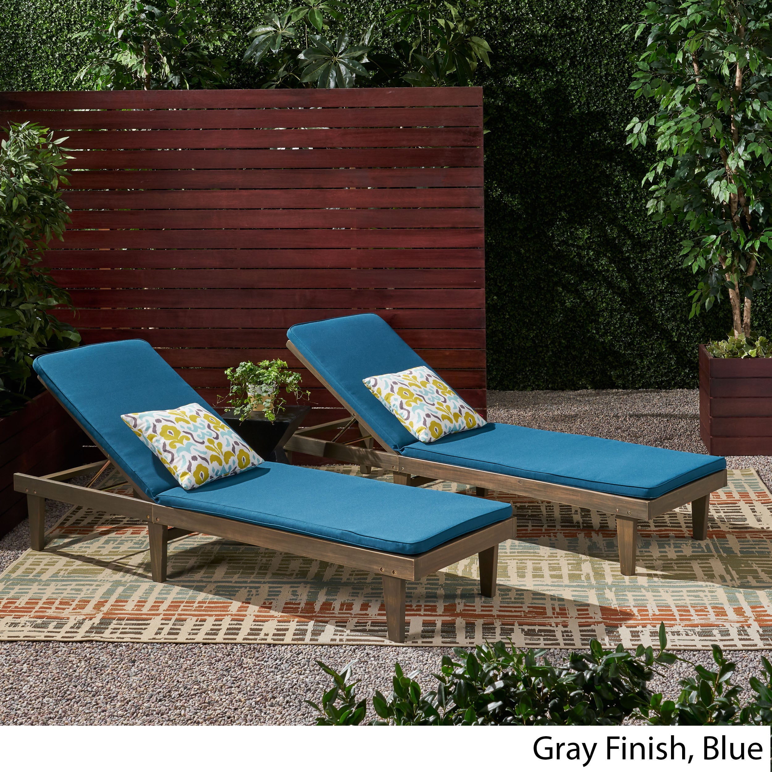 Nadine Outdoor Modern Acacia Wood Chaise Lounge with Cushion (Set of 2)