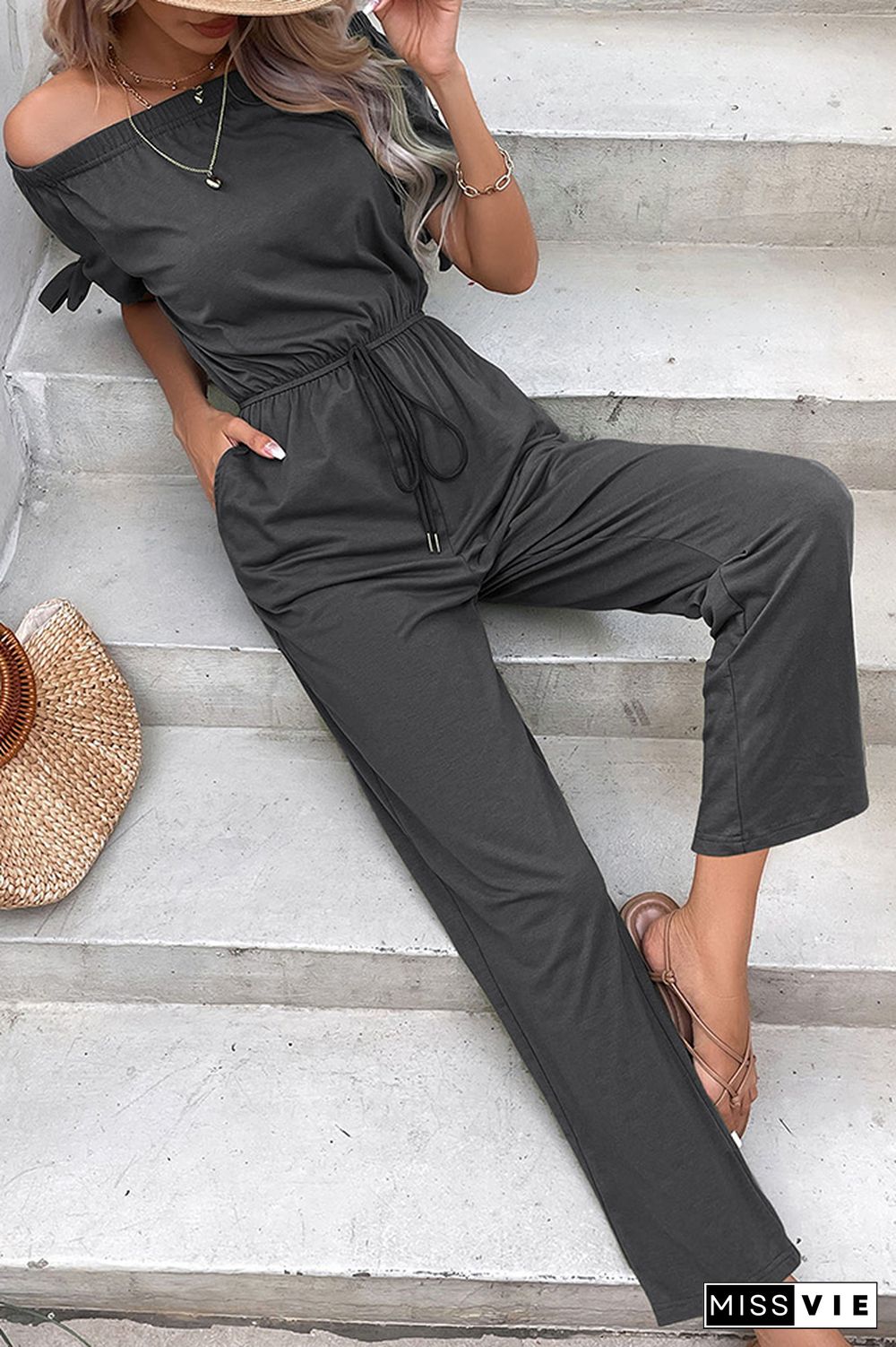 Plain Off Shoulder Drawstring Jumpsuit