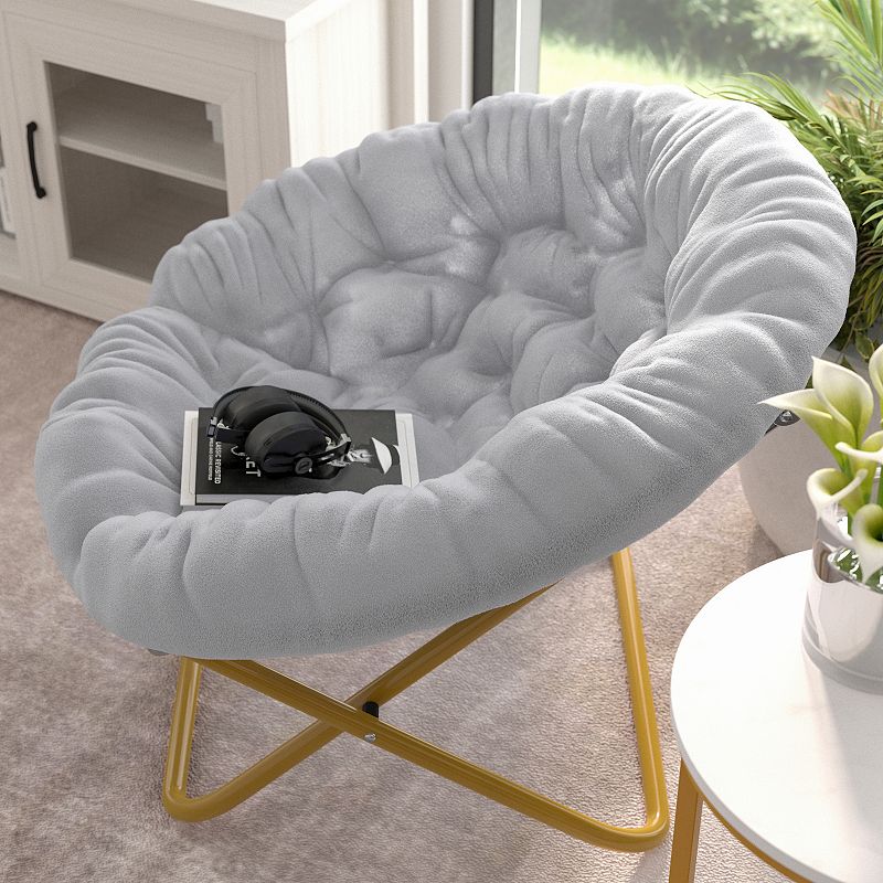 Emma and Oliver Ersa 38 Oversize Folding Saucer Chair with Cozy Faux Fur Upholstery in Gray with Soft Gold Metal Frame for Dorms， Bedrooms， Apartments and More