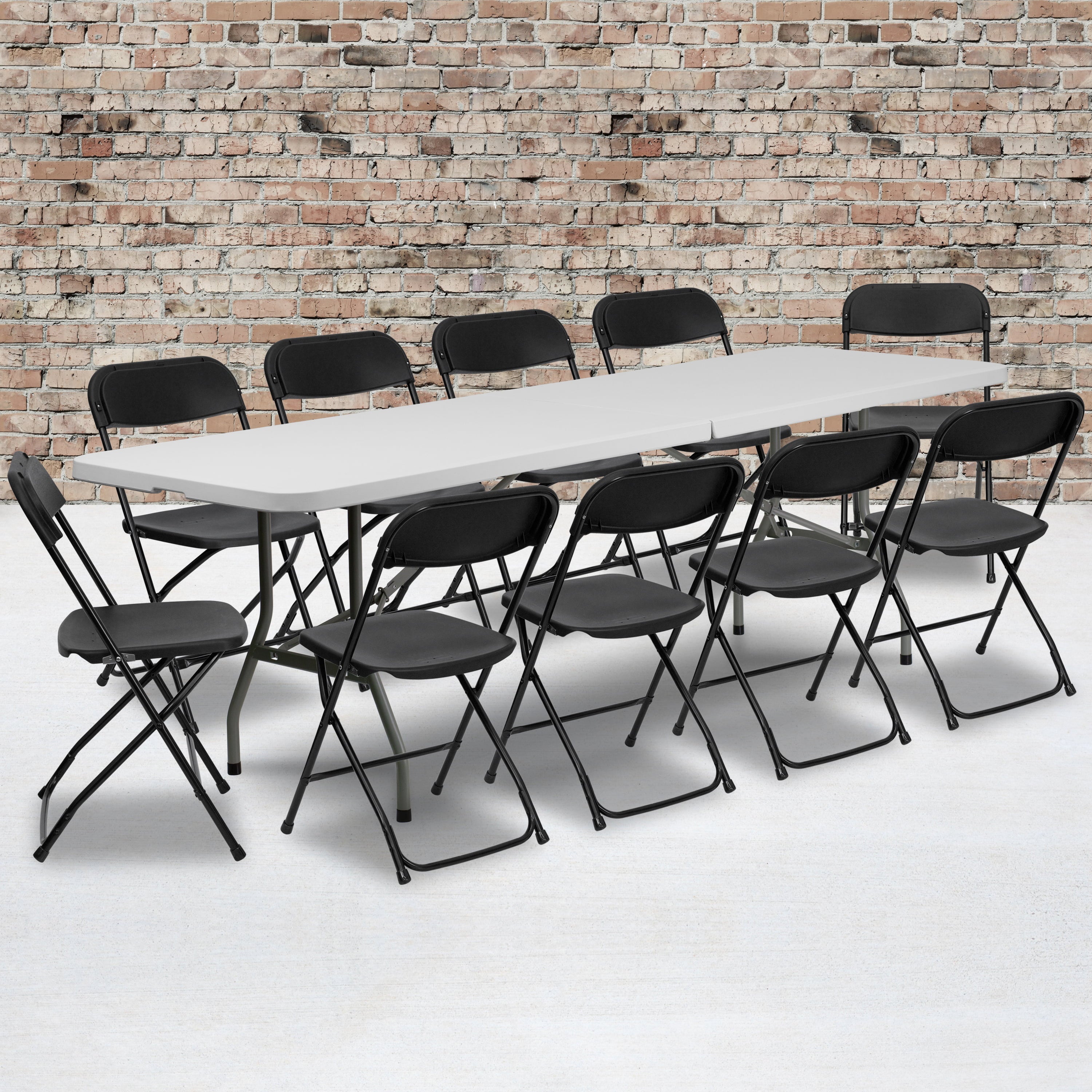 8' Bifold Granite White Plastic Eventtraining Folding Table Set With 10 Folding Chairs