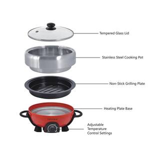 Tayama Shabu 3 qt. Red Electric Multi-Cooker with Stainless Steel Pot Grill TRMC-40RS