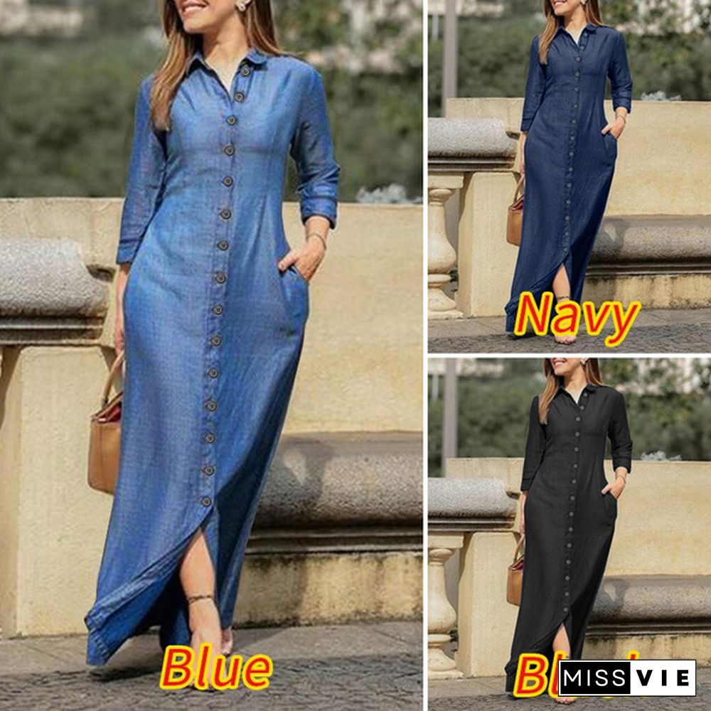 VONDA 3 Color Women Shirt Dress Spring Fall Long Sleeve Button Down Lapel Collar Midi Dress Plus Size Elegant Long Dress Kleid