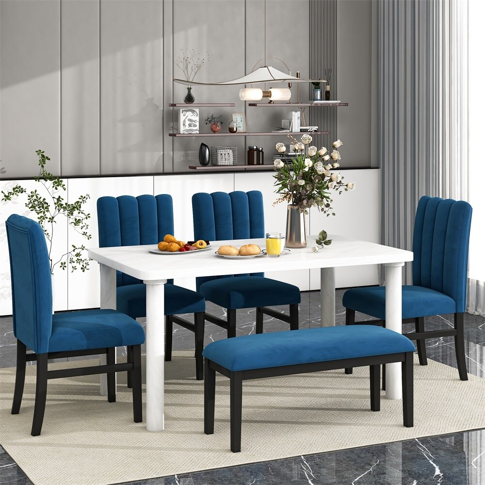 6 Piece Dining Table Set with Marble Veneer Table 4 Chairs and 1 Bench