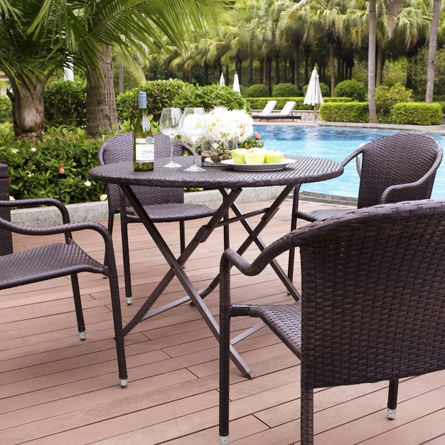 Palm Harbor 5pc Outdoor Wicker Dining Set Brown Crosley All weather Resin Uv resistant Stackable Chairs Foldable Table