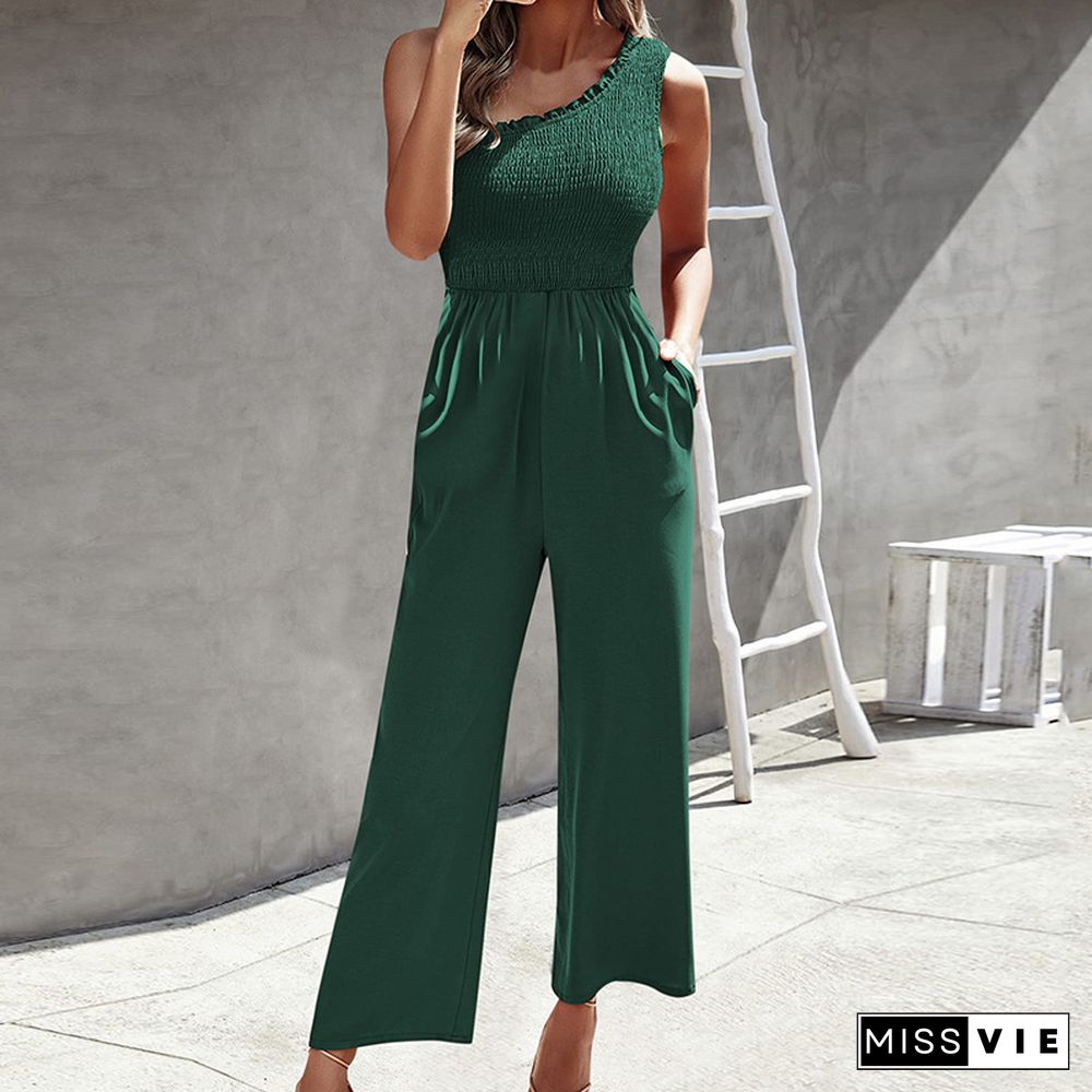 Fashion Commute Wide-Leg Pants Playsuits Ladies Sexy Elastic Slim One-Shoulder Jumpsuits Retro Harajuku Print Pocket Romper