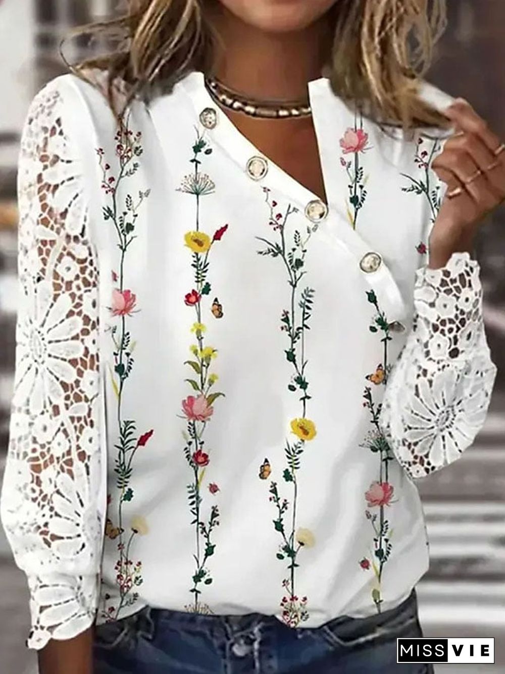 Loose And Comfortable Casual Button Printed T-shirt