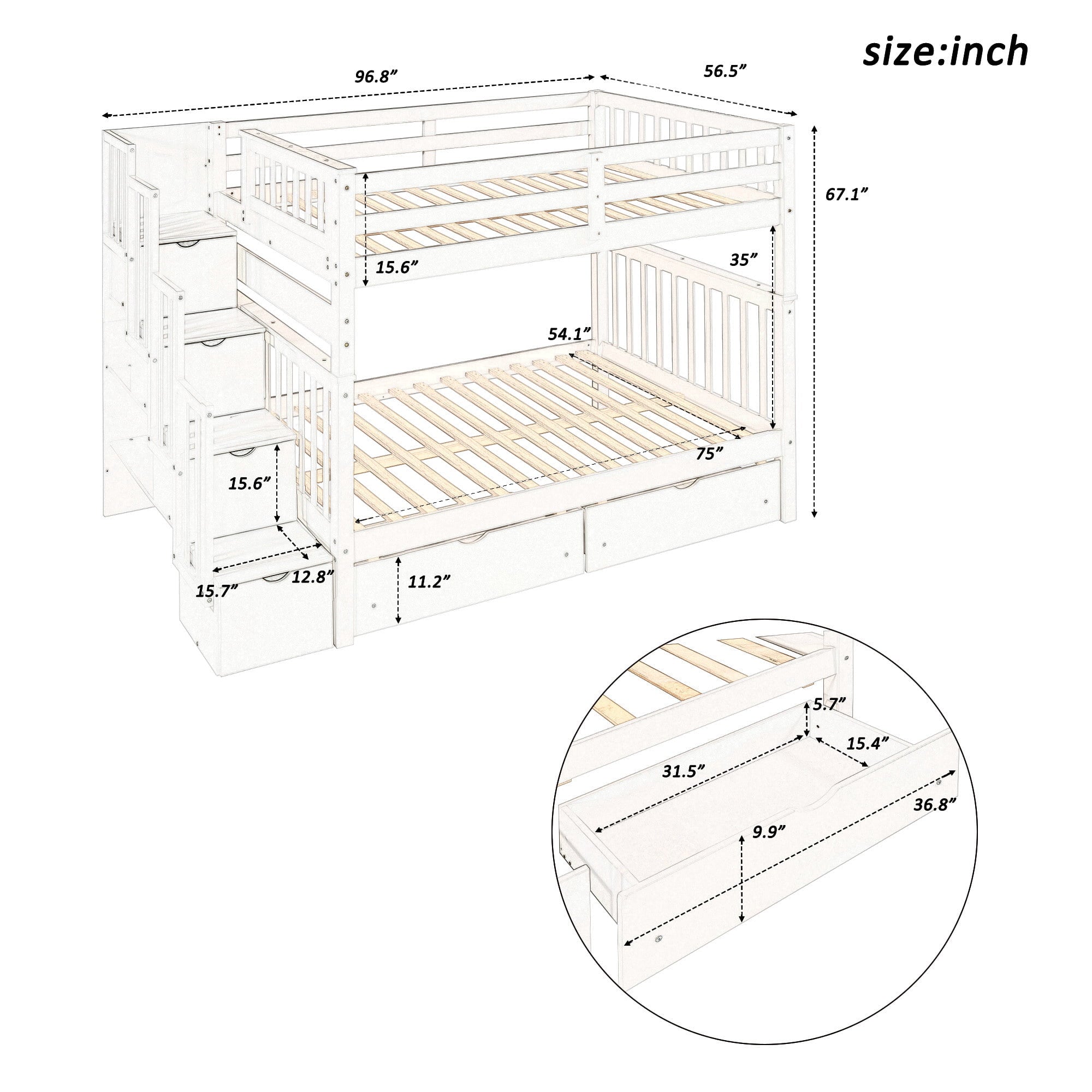 Bellemave Full Over Full Bunk Bed with Stairs and 6 Storage Drawers, Solid Wooden Detachable Bunk Bed Frame with Storage Shelves for Kids Teens Adults (White)