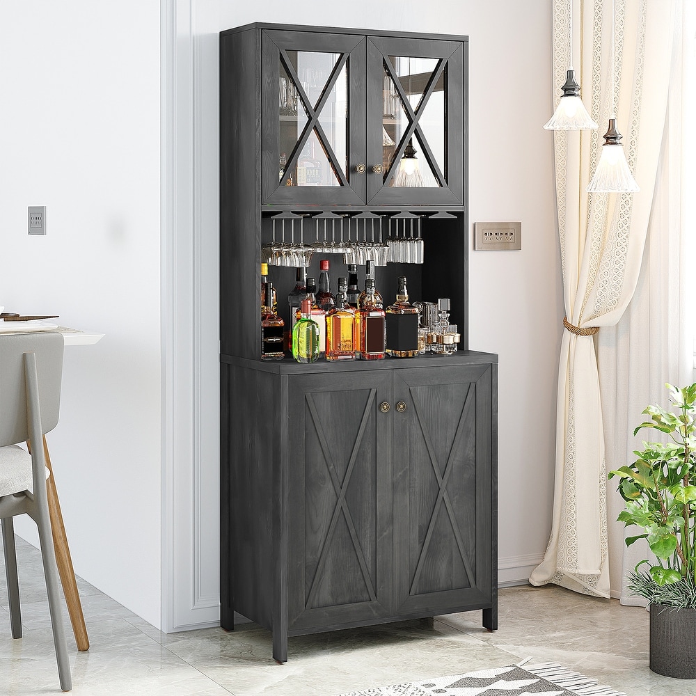 Farmhouse Bar Cabinet for Liquor and Glasses for Dining Room Kitchen Cabinet with Wine Rack