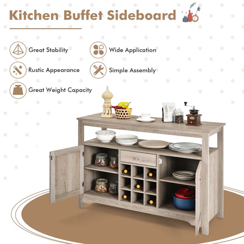 Wood Buffet Server Sideboard Console Table Utensils Organizer with 9 Wine Grids, 1 Drawer & 2 Cabinets