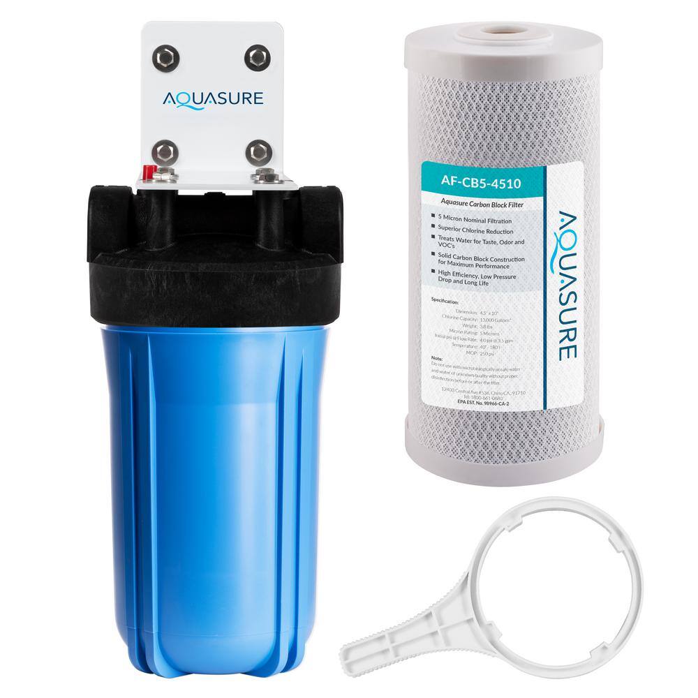 AQUASURE Fortitude High Flow Whole House Water Filter with 5-Micron Carbon Block Water Filter 10 in. x 4.5 in. AS-F110CB5