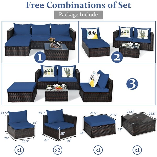 Gymax 5PCS Cushioned Rattan Patio Conversation Set w/ Ottoman Navy