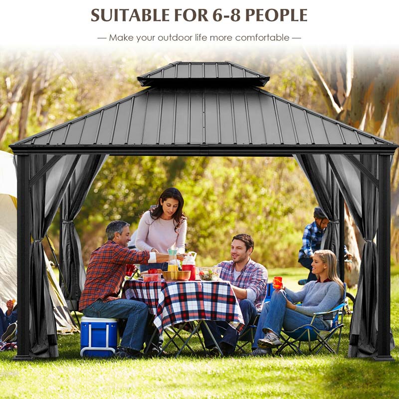 12 x 10 FT Hardtop Gazebo with Netting & Central Hook, 2-Tier Outdoor Patio Metal Gazebo Canopy Tent