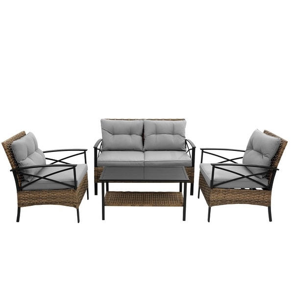 4 Piece Outdoor Conversation Chair Set With Cushion，Patio Rattan Wicker Set with 2 Single chairs and Loveseat，Coffee Table