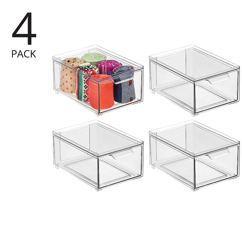 mDesign Clarity 8 x 6 x 4 Plastic Stackable Closet Storage Organizer with Drawer - 4 Pack